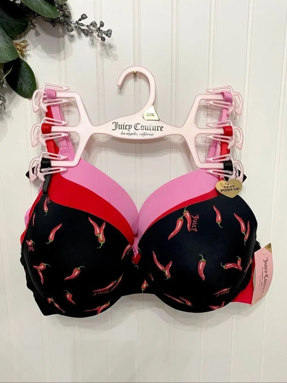 Juicy Couture Chili Pepper 3 Pack Push-up Bra Valentines Sz 36C